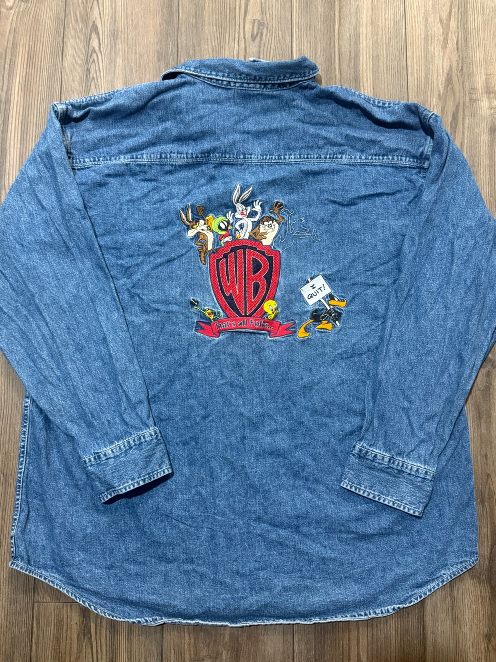 Vintage Looney Tunes Warner Bros Denim Button Up Shirt Embroidered Mens XL